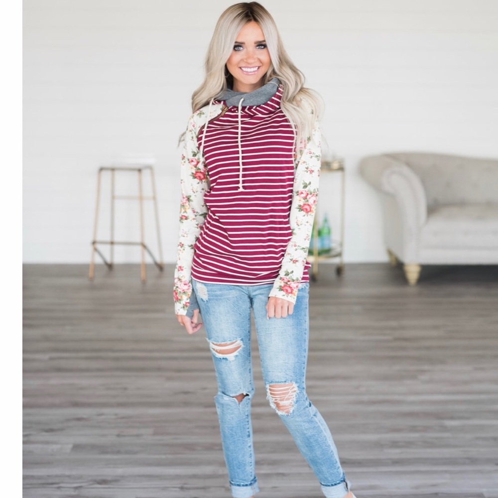 Maroon and Floral Double Hooded Sweatshirt